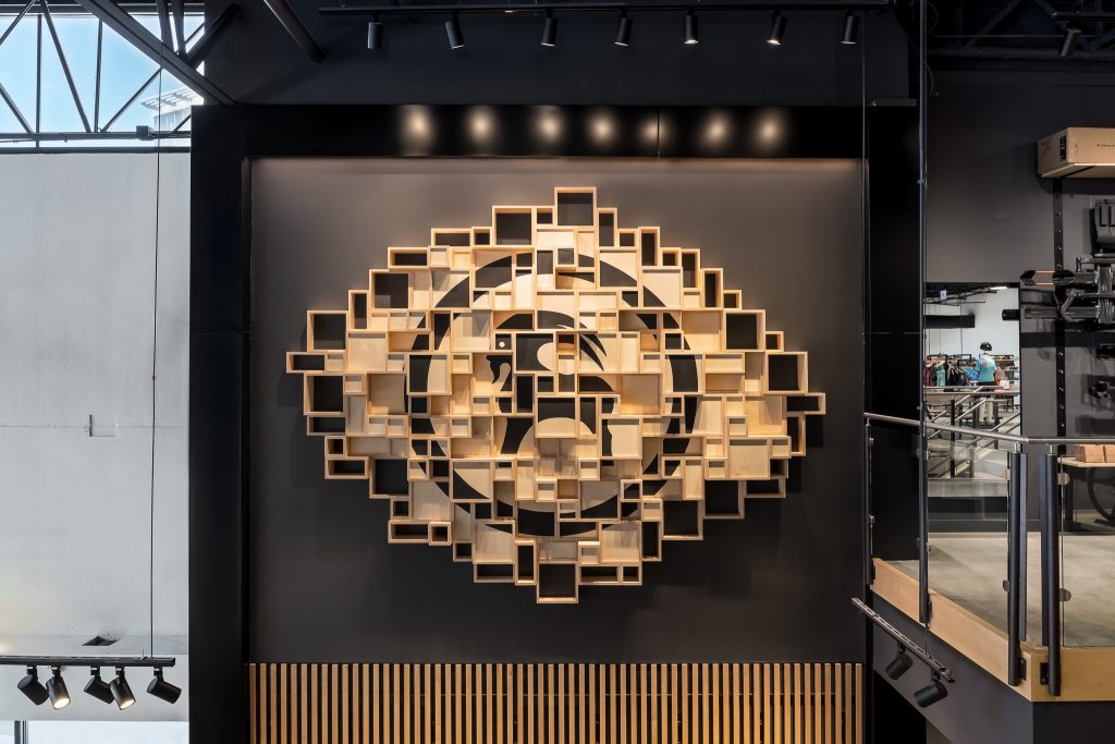 Custom wooden Backcountry logo in Chicago retail location