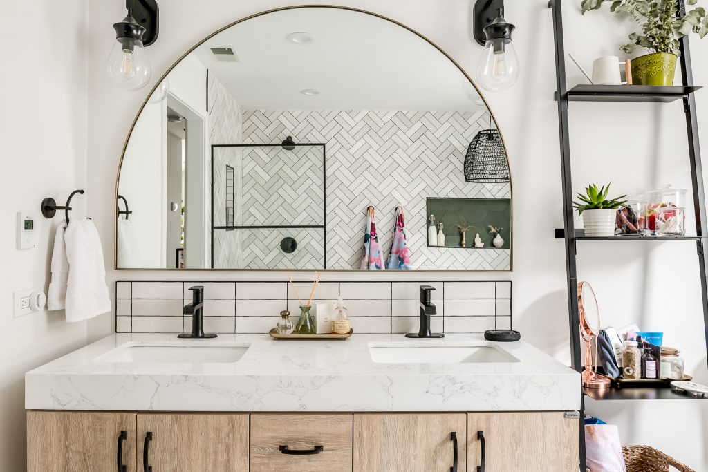 Detail of Bathroom mirror and vanity in modern renovation