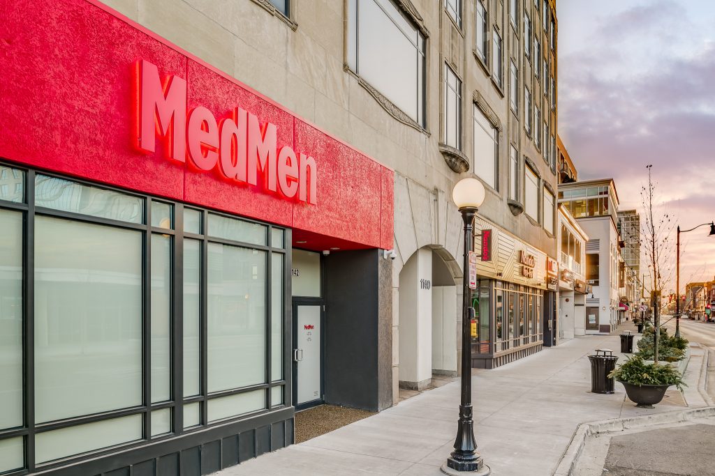 Twilight photo of Lake Street in Oak Park, IL, featuring the MedMen storefront