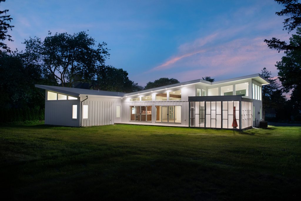 Twilight Image Midcentury Modern New Construction Home in Itasca IL by Galvanized Construction, Architectural Photography in Chicago