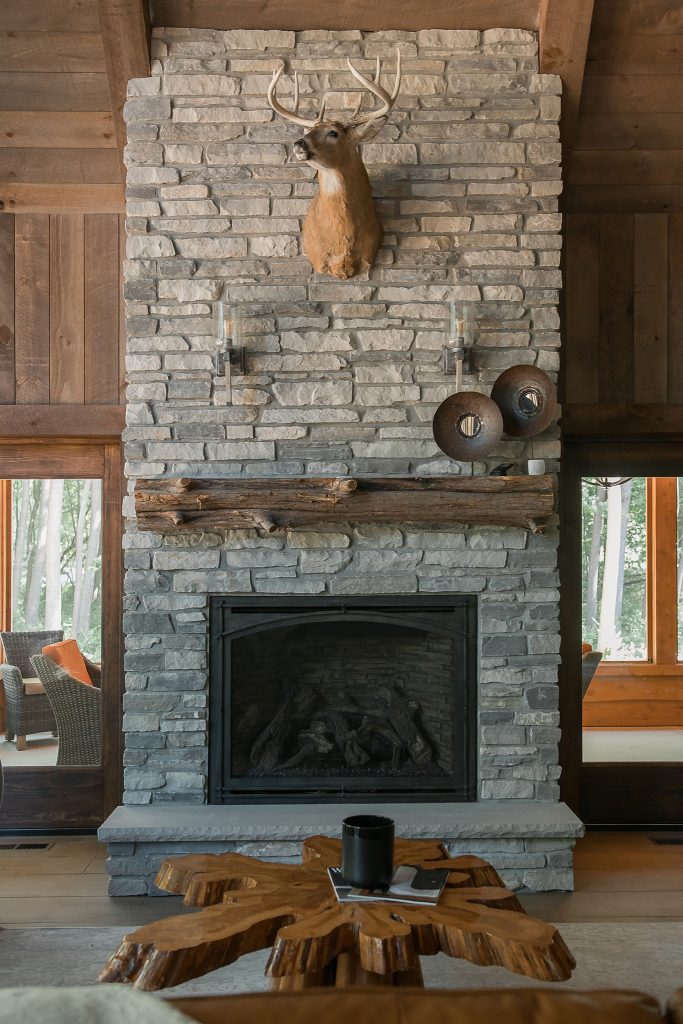 Rustic Fireplace in short term vacation rental for Lakeshore Lodge, Architectural Photography in Chicago