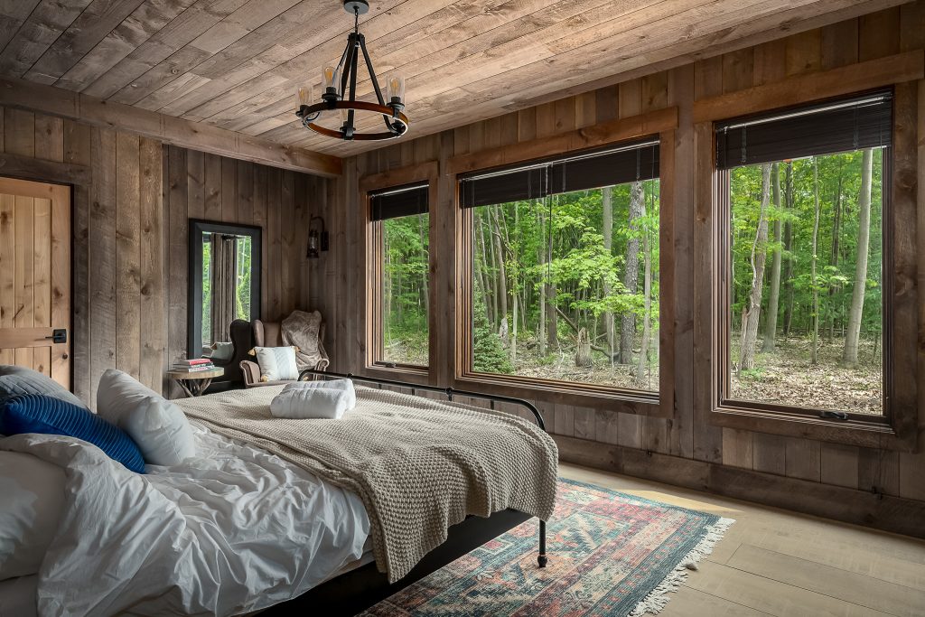 Rustic bedroom in short term vacation rental for Lakeshore Lodge, Architectural Photography in Chicago