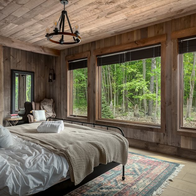 Rustic bedroom in short term vacation rental for Lakeshore Lodge, Architectural Photography in Chicago