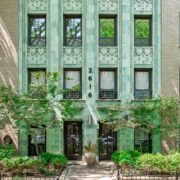 Exterior image of a vintage entrance to classic Chicago apartment building