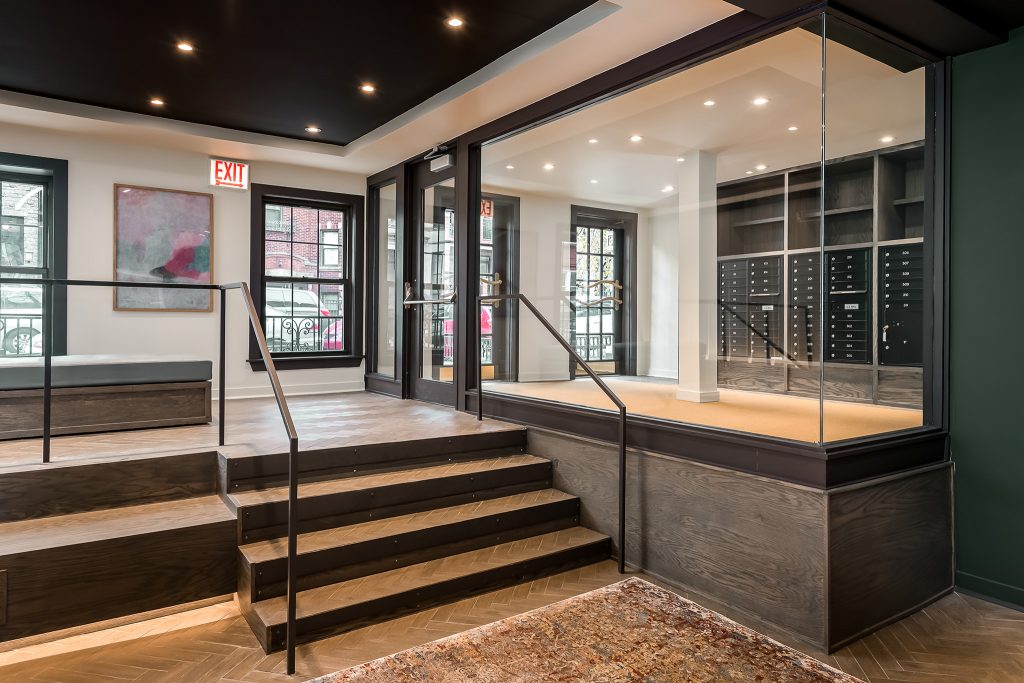 Bold and modern lobby and mailroom in Chicago apartment building