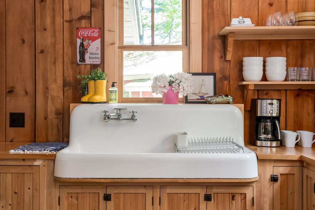 Rustic Farmhouse Sink in short term vacation rental for Lakeshore Lodge, Architectural Photography in Chicago