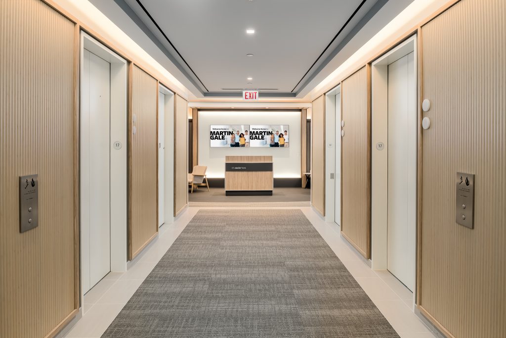 Interior Office Lobby and Elevator Bank, Baird & Warner Schaumburg, Design by CVG Architects, Construction by Bear Construction, Office Furniture by Henricksen