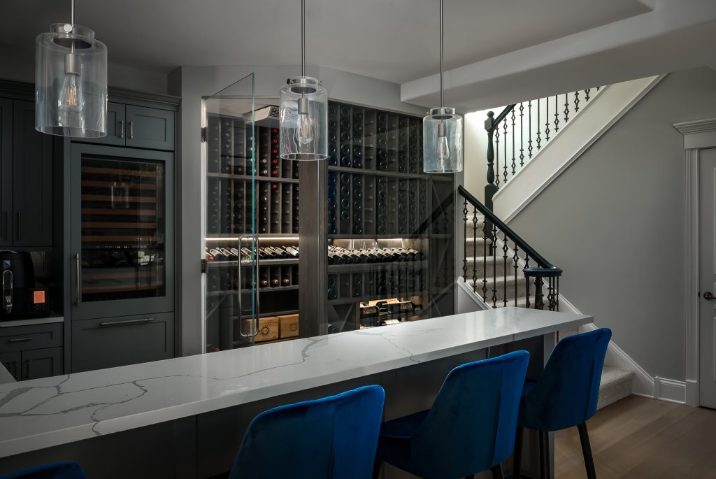 Traditional interior design custom wine cellar in finished basement.