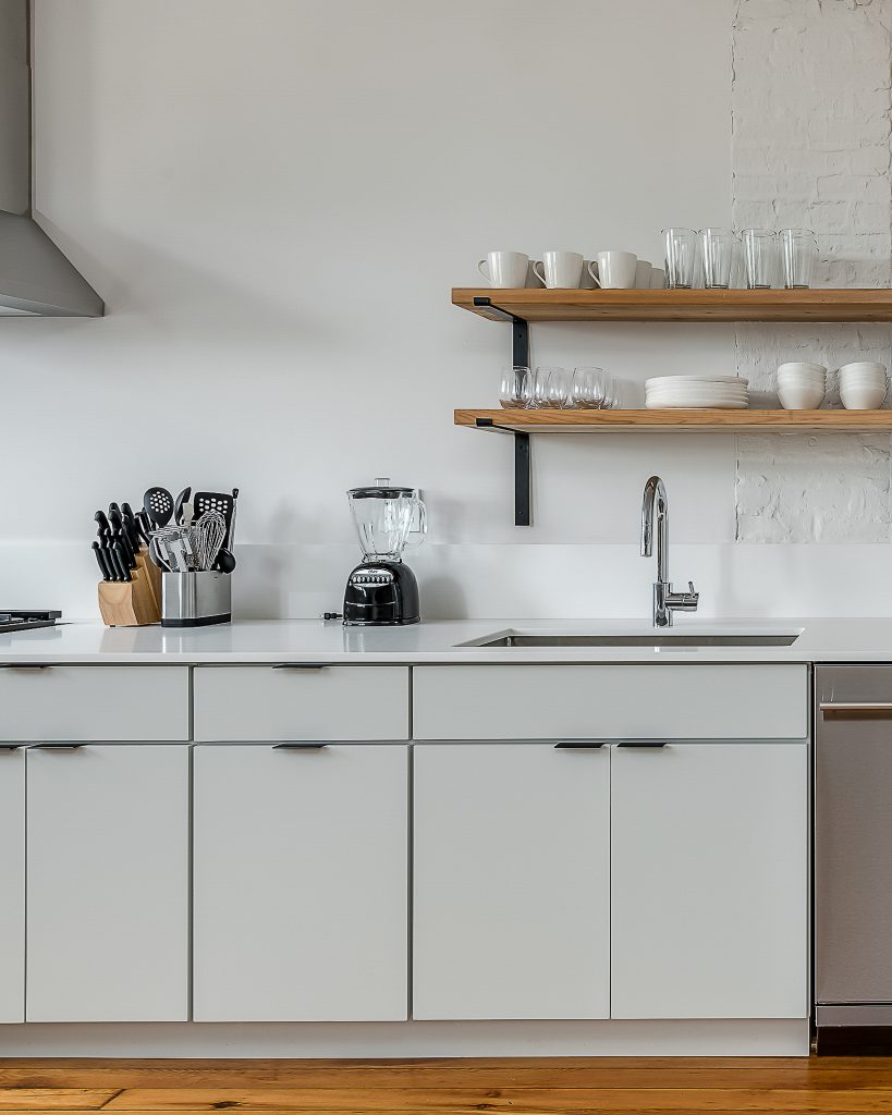 Minimalist Kitchen with Gray Cabinets and Open Shelving