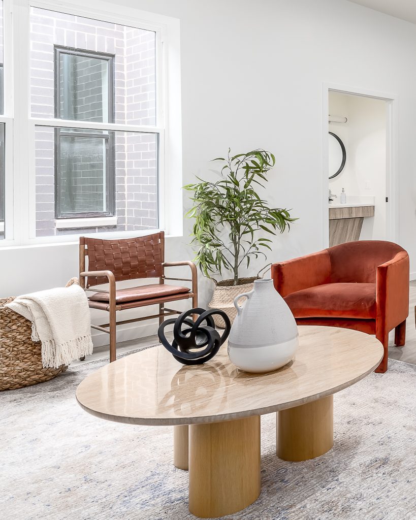 Detail Shot of common area with seating and coffee table