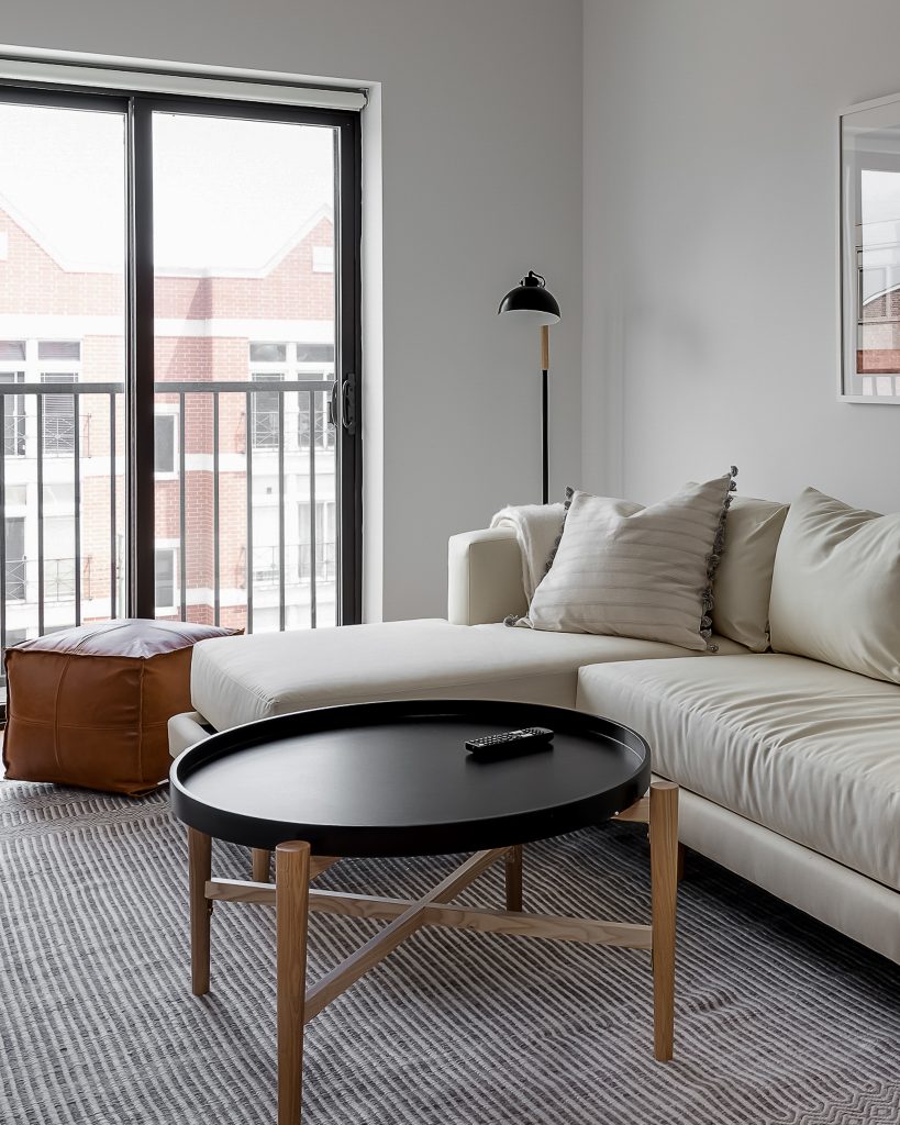 Moody minimalist living room with neutral couch