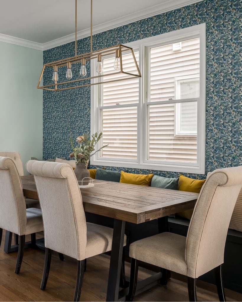 Transitional Dining Room with Blue Patterned Wallpaper and Farmhouse Dining Room Table