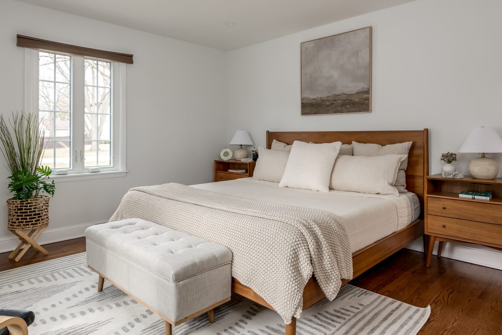 Cozy Boho White Bedroom with Mid Century Modern Furniture