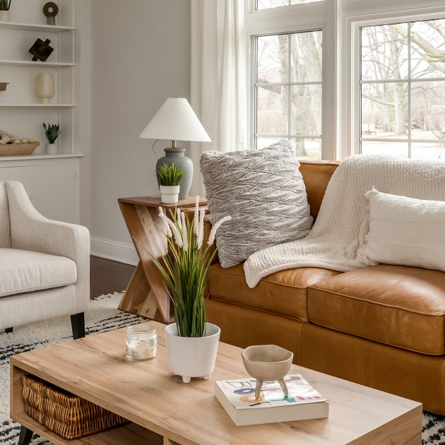 Detail of coffee table in boho minimalist living room