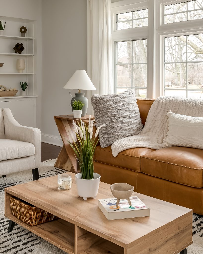 Detail of coffee table in boho minimalist living room