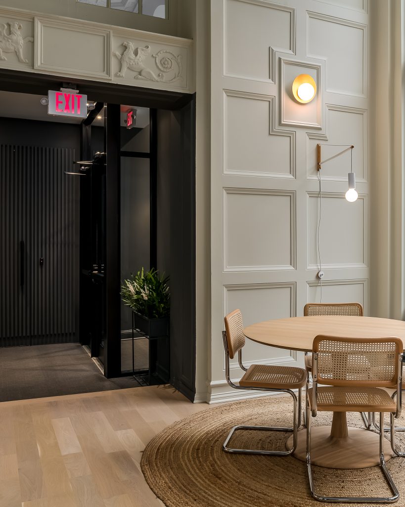 Seating area and entrance in Chicago Apartment Building