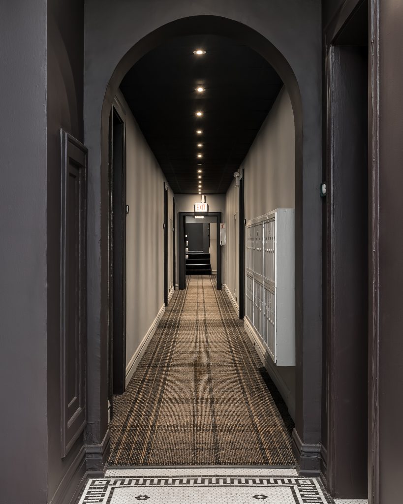 Dramatic apartment building hallway with dark vintage details