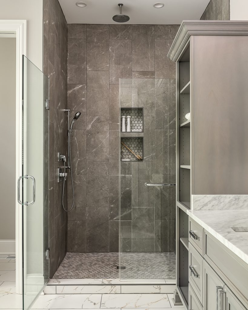 Luxury spa bathroom with glass enclosed shower