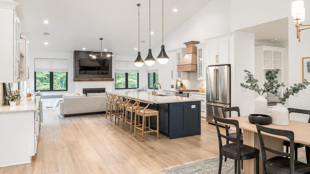 open concept kitchen and dining in a rental home.
