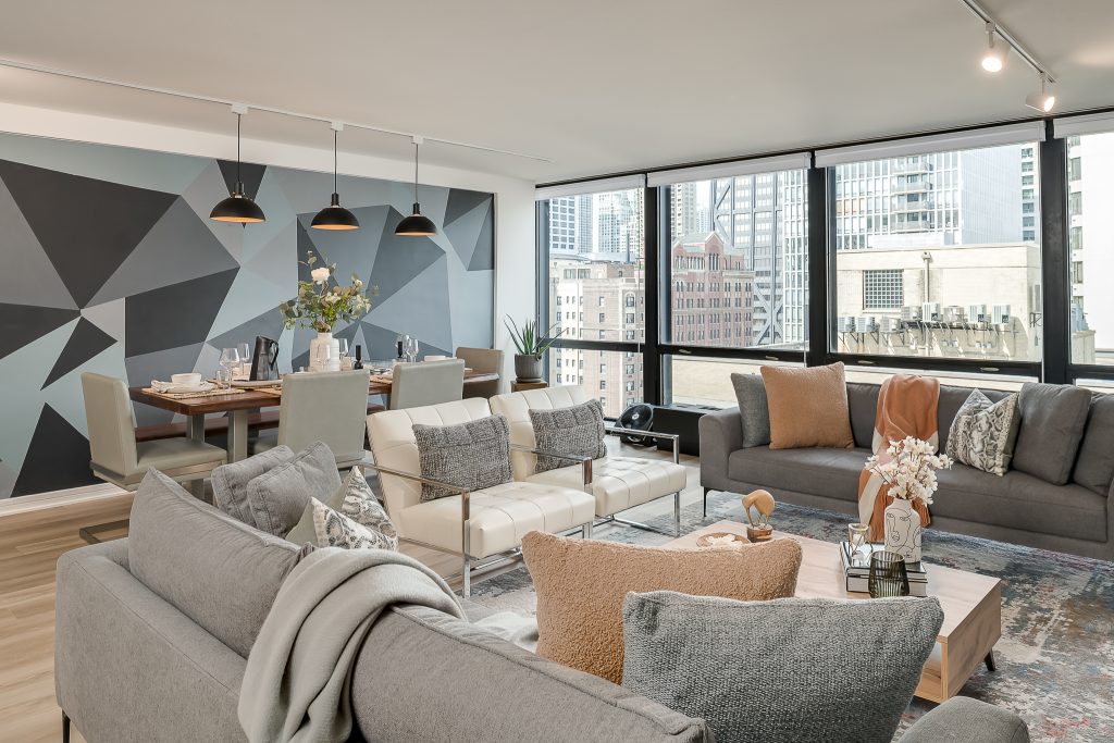 Chicago condo living room with downtown views