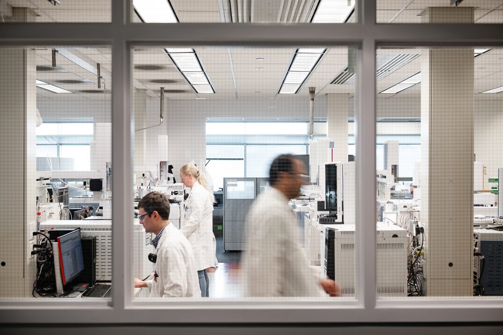 View into Laboratory with technicians at work
