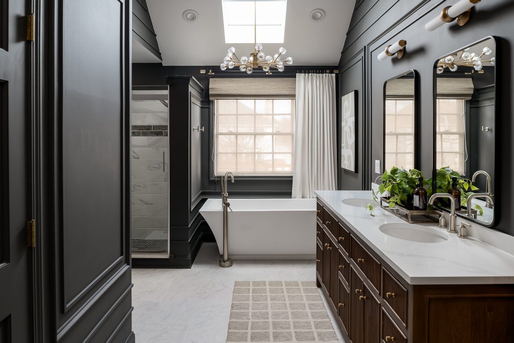 Moody Bathroom Renovation in Naperville, Illinois, by The MK Method. Chicago Interior Design Photography.