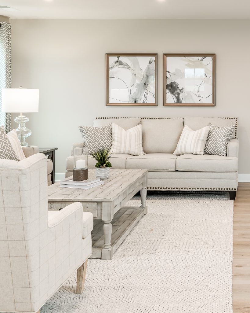 Close up of cozy neutral living room
