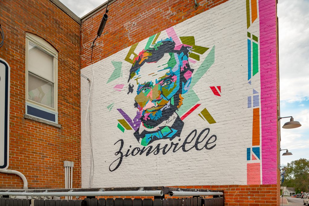 Colorful graffiti mural of Abraham Lincoln in Zionsville IN