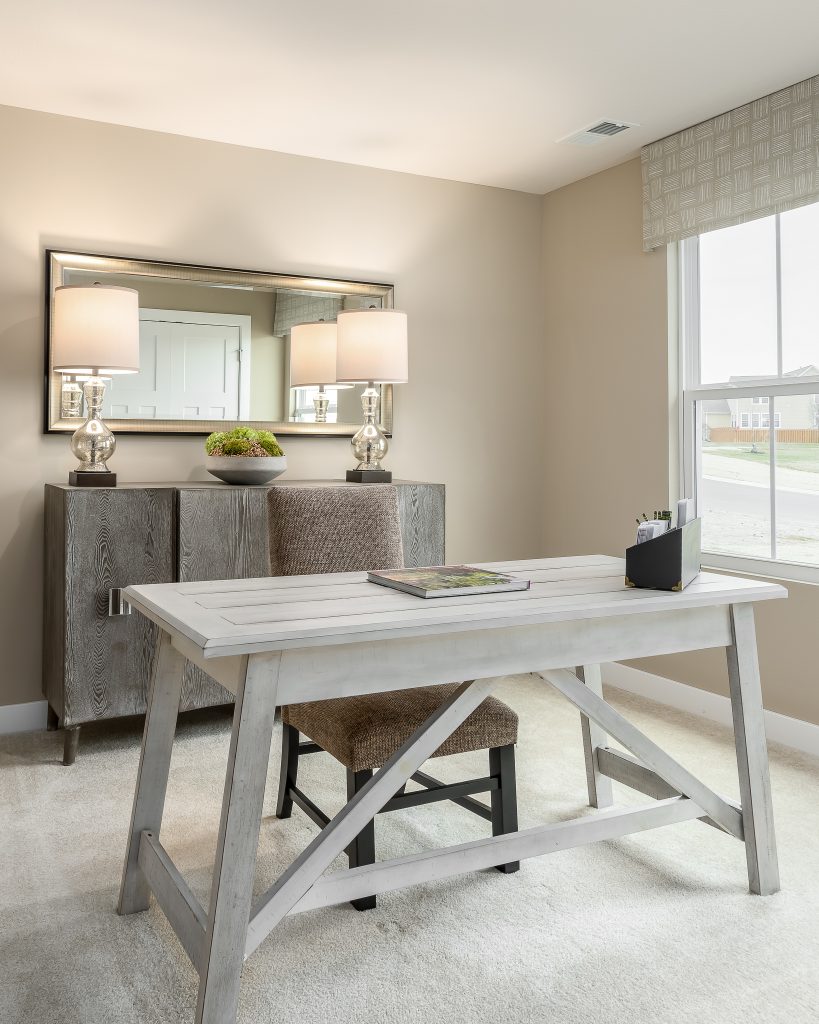 Simple home office with neutral farmhouse style